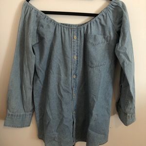 Reformation denim off shoulder long sleeve top